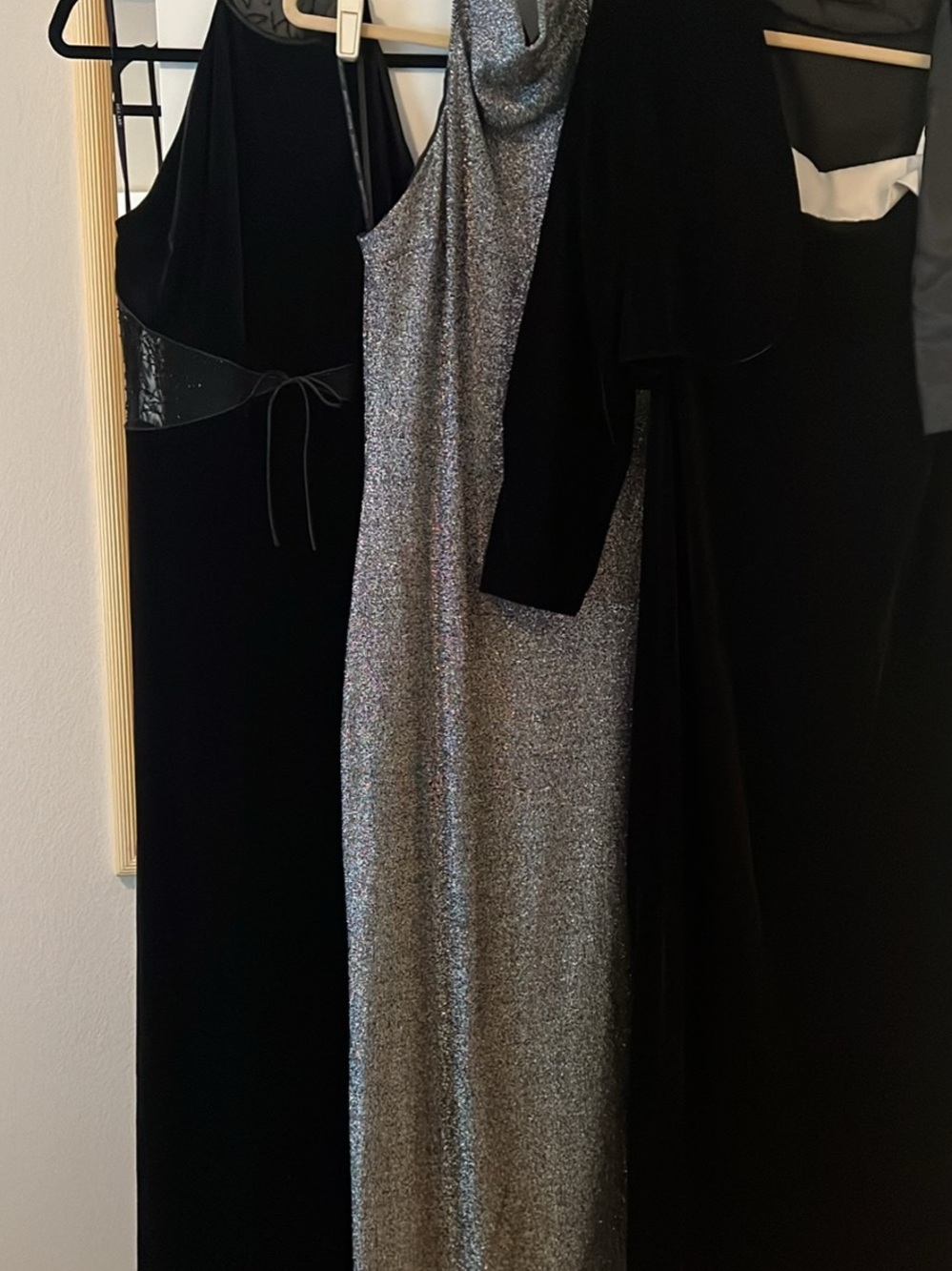 Silver halter Metallic Evening Dress and 2 black stretch velvet formals